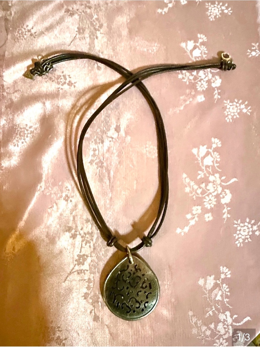 Brown Leather Cord Necklace with sterling Silver mother-of-pearl Pendant